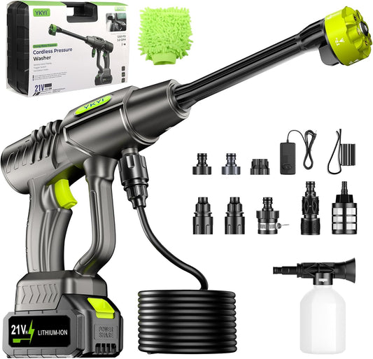 YKYI Cordless Pressure Washer - Battery Powered with 30 Speed Levels, Handheld Portable Sprayer with 6-in-1 Nozzle, 24FT High-Elastic Hose for Car, Garden, Patio Cleaning (Gray)